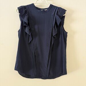 Rebecca Taylor Navy Blue Ruffle Pintuck Sleeveless 100% Silk Blouse Top